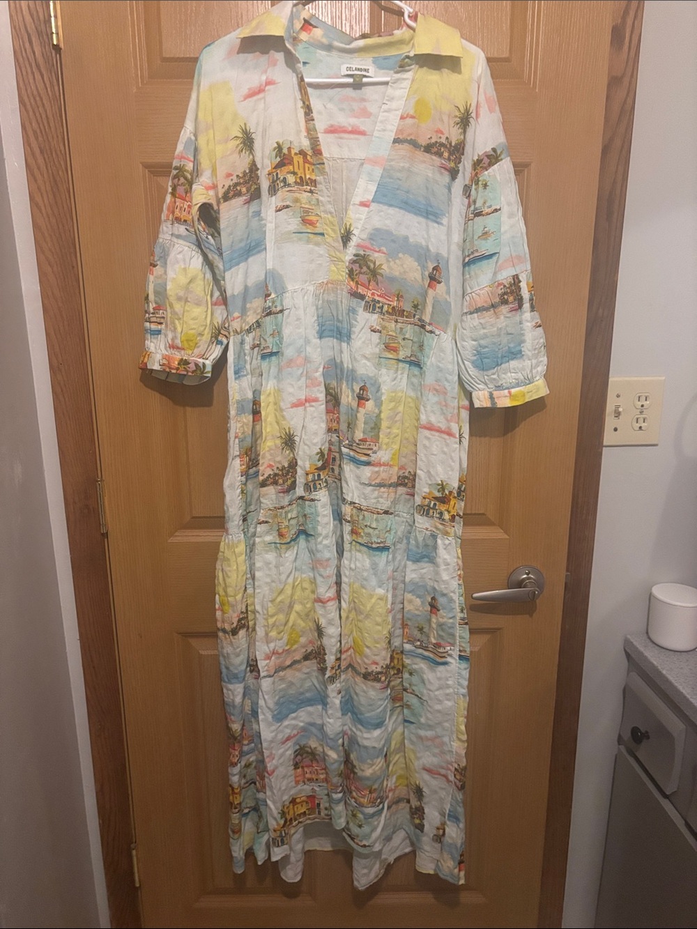 Anthropologie Celadine Coastal Village Print Maxi Dress - Light Blue & Yellow